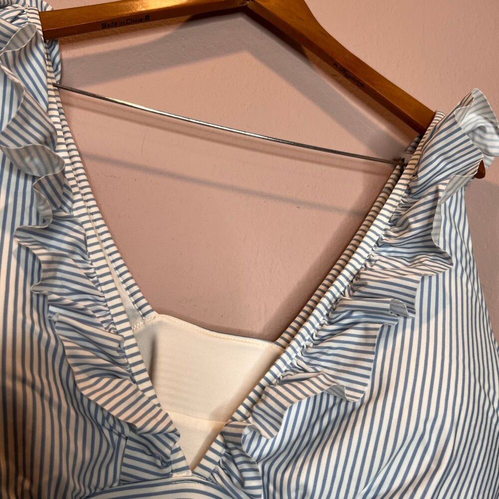H&M striped one piece swimsuit ruffle on neck very cute - Picture 3 of 7
